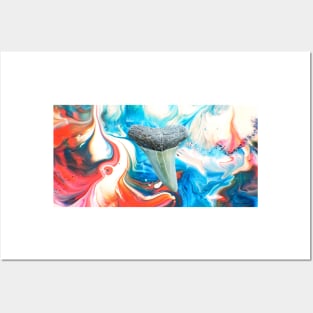 Glossy Red, White, and Blue Shark Tooth Fossil Paint Swirl Print Posters and Art